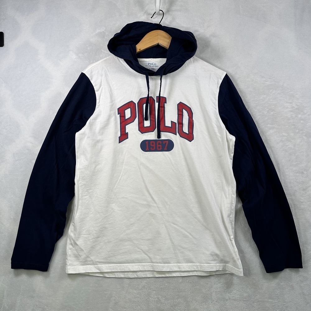 Polo Ralph Lauren Shirt Men Medium White Blue Hoodie Preppy Long Sleeve Tee 1967